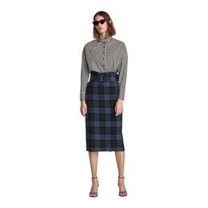 Zara Sz XS Blue and Khaki Tartan Plaid Belted Pencil Skirt Wool Blend EUC